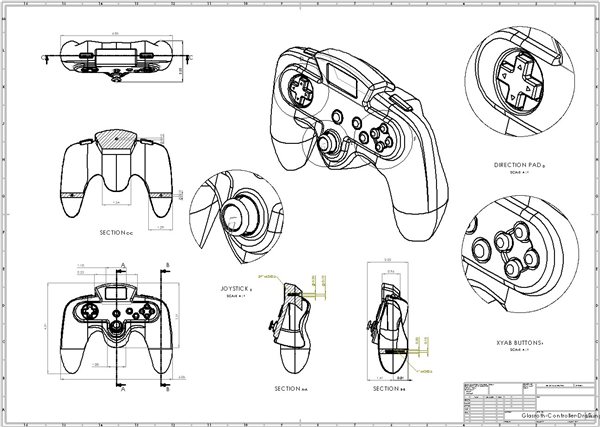 Final technical presentation board of the N64 controller redesign